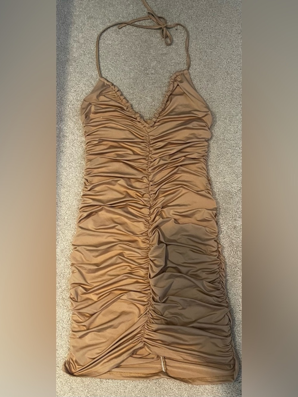Beige Ruched Bodycon Mini Dress Sleeveless V-Neck Tie Jersey Party Size M